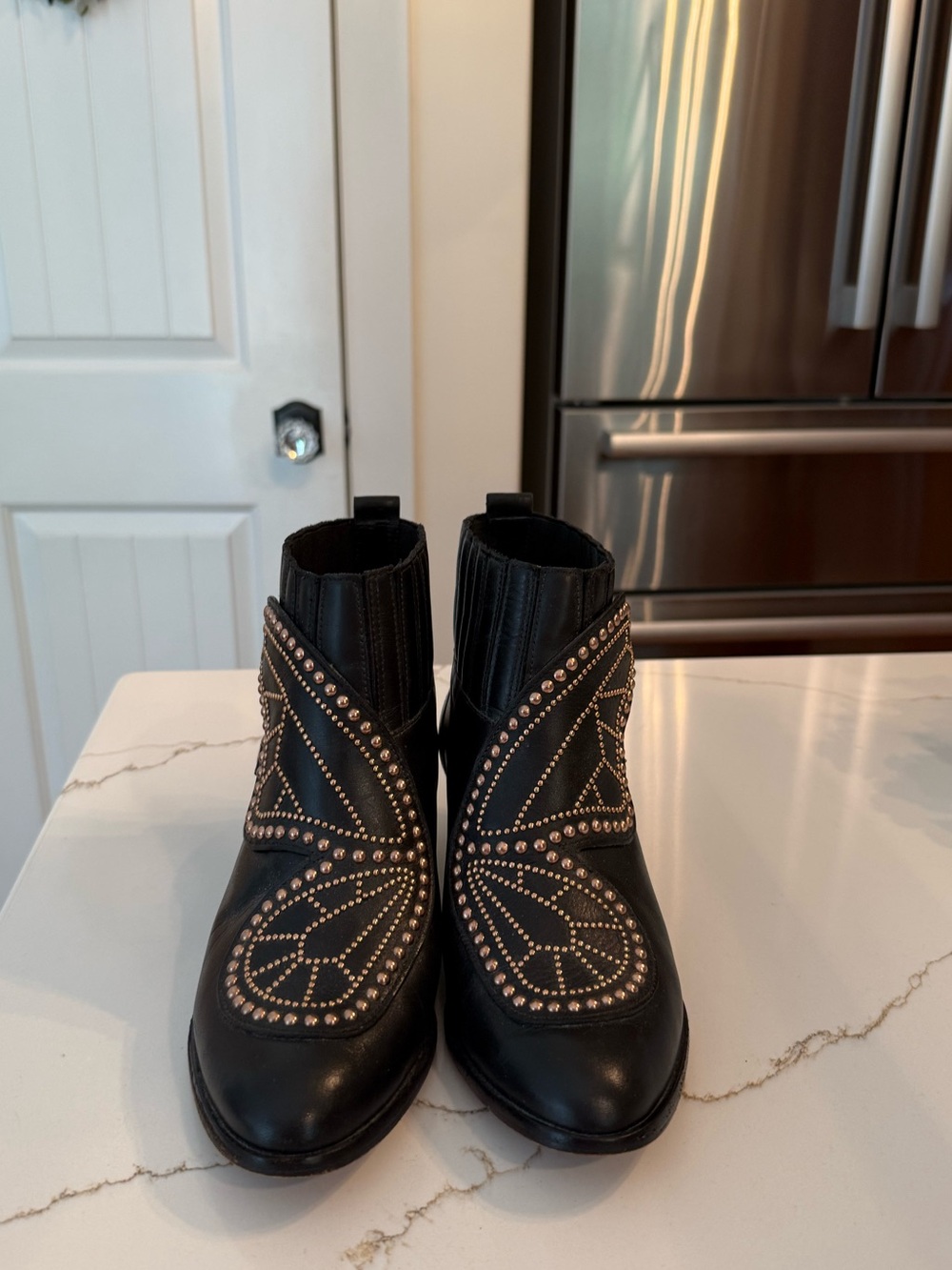 Sophia Webster Black Leather Ankle Boots with Copper Stud Accents